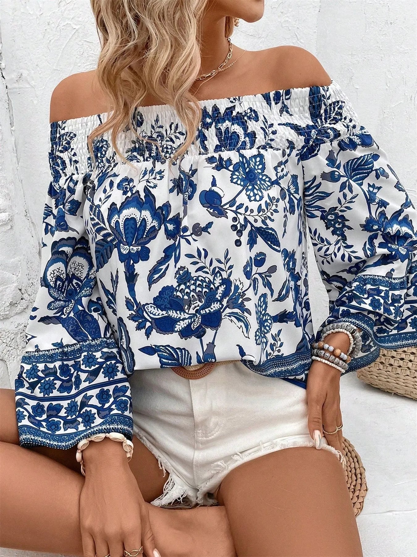 Off-Shoulder Floral Print Blouse - Tigbul's Variety Fashion Shop