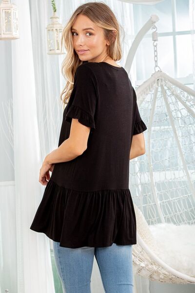 Black Ruffled V-Neck Short Sleeve Blouse - Tigbul's Variety Fashion Shop