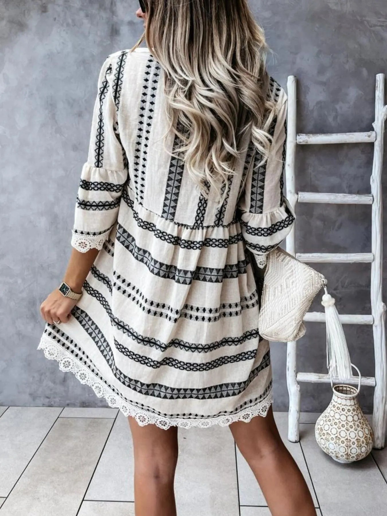V-Neck Lace Trim Striped Babydoll Dress - Tigbul's Variety Fashion Shop