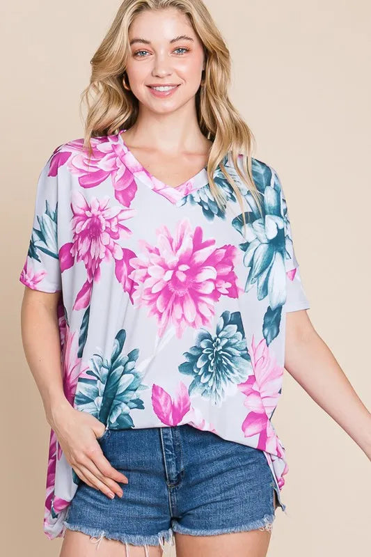 Floral V-Neck Short Sleeve T-Shirt - Tigbul's Variety Fashion Shop