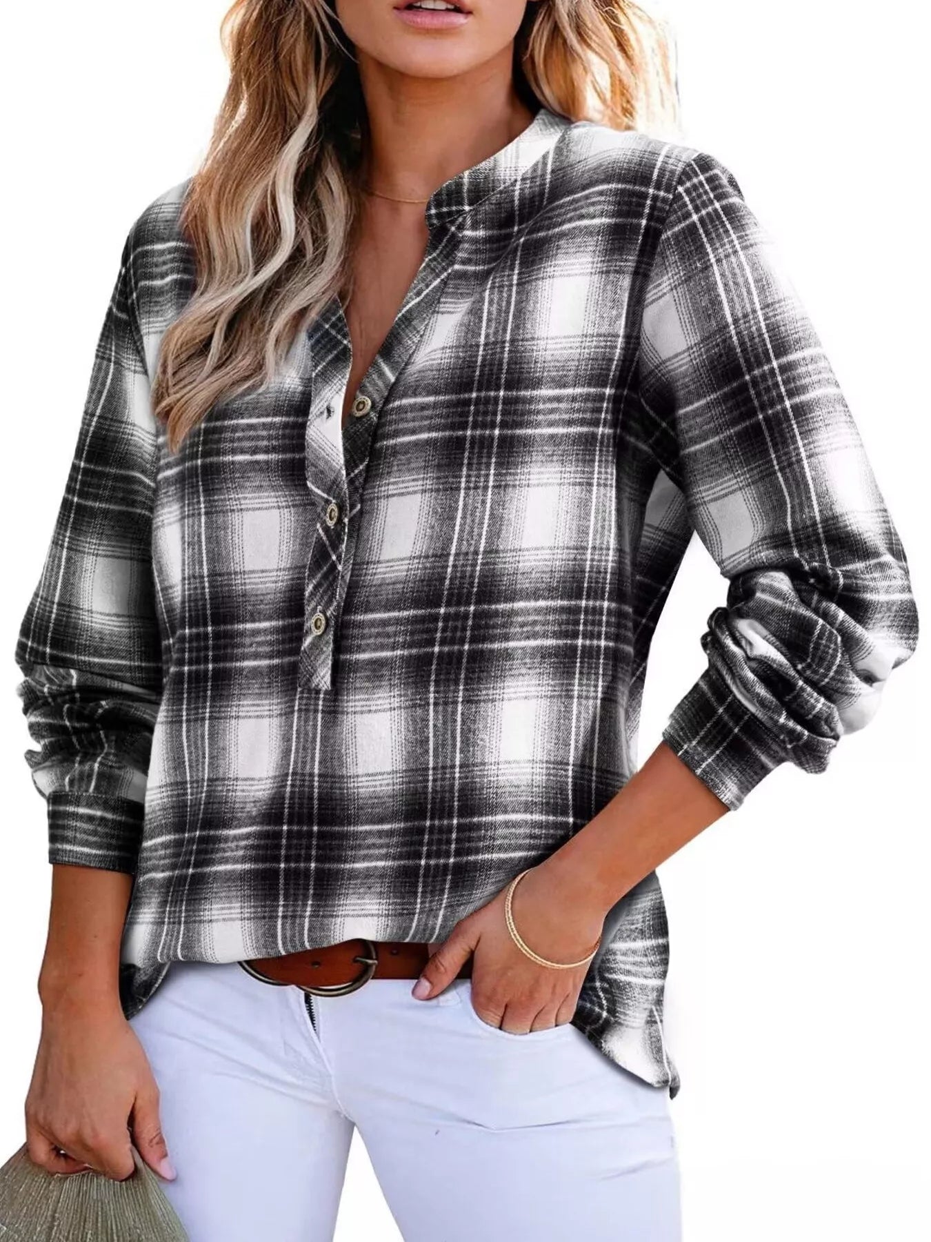 Plaid Half Button Long Sleeve Blouse - Tigbul's Variety Fashion Shop
