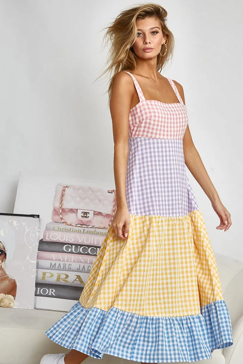 Color Block Tiered Gingham Dress - Tigbul's Variety Fashion Shop