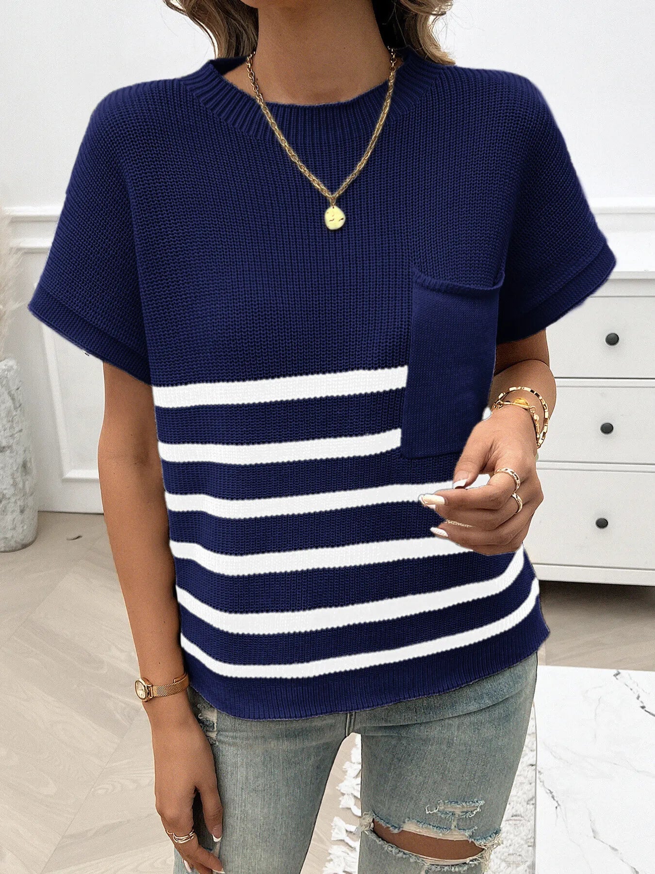 Striped Round Neck Short Sleeve Sweater - Tigbul's Variety Fashion Shop
