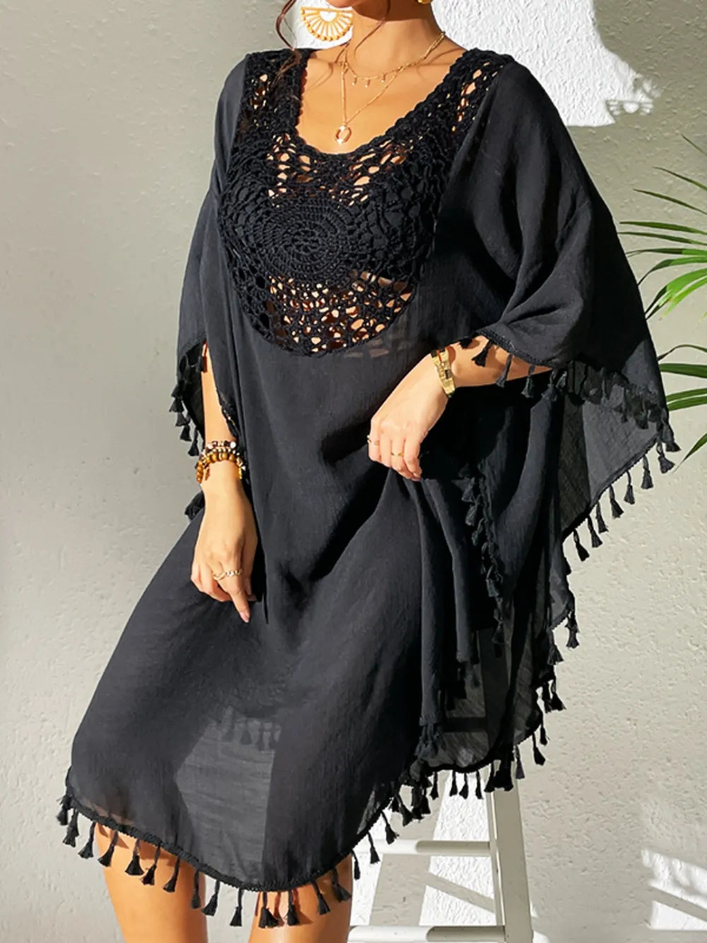 Tassel Cutout Scoop Neck Cover-Up Dress - Tigbul's Variety Fashion Shop