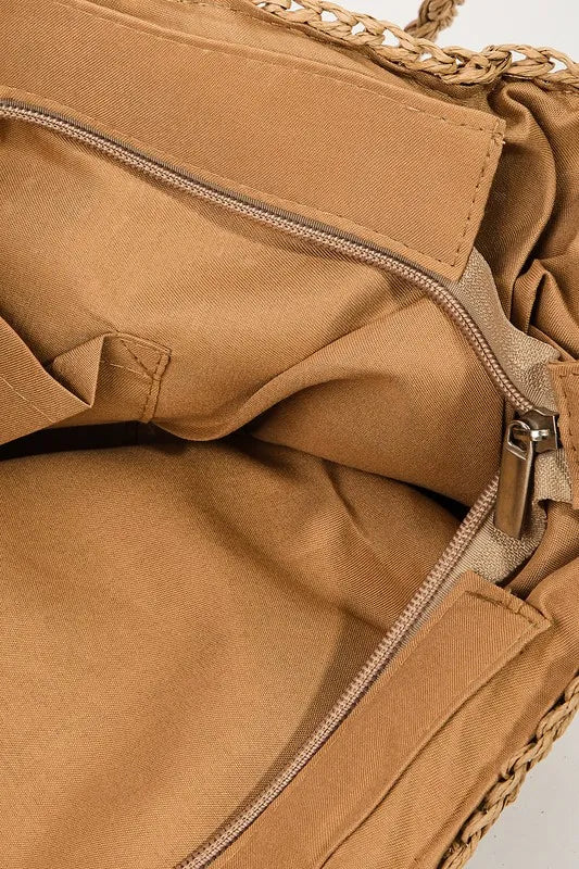 Khaki Square Braided Pattern Tote Bag - Tigbul's Variety Fashion Shop
