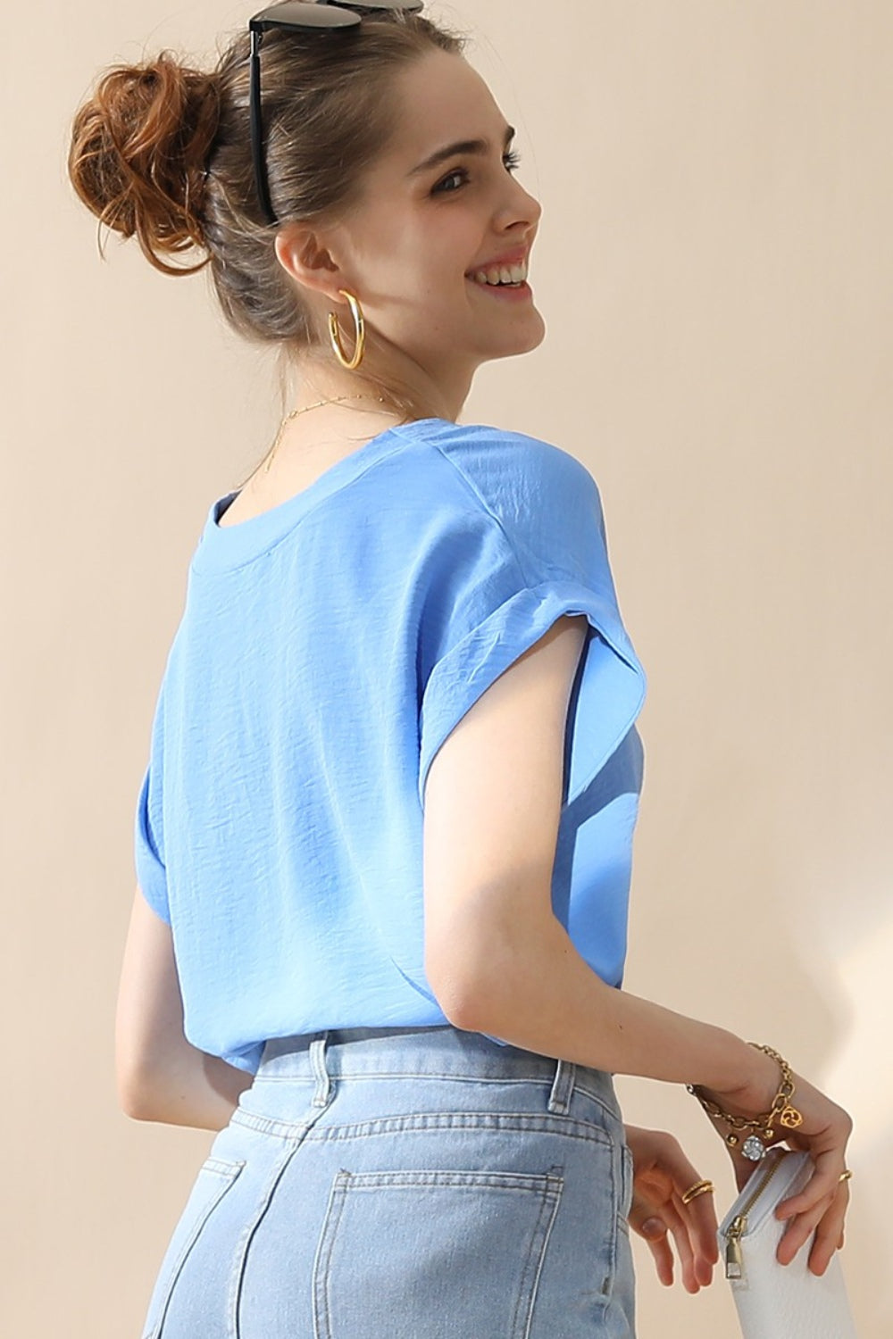 Ninexis V-Neck Trim Rolled Short Sleeve Shirt - Tigbuls Variety Fashion