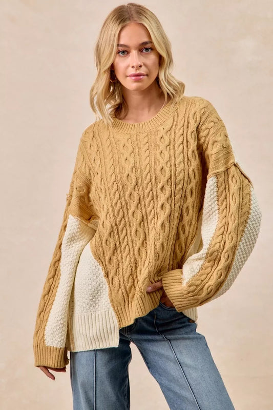 BiBi Cable Knit With Hacci Combo Sweater With Uneven Hem Detail - Tigbul's Variety Fashion Shop