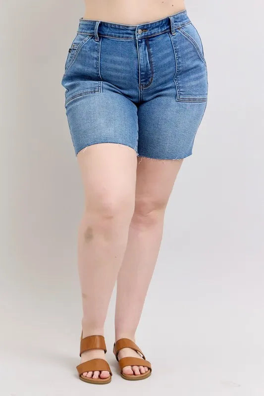 Judy Blue Full Size Mid Rise Bermudas Denim Shorts W/ Back Flap Pockets Plus Size - Tigbul's Variety Fashion Shop