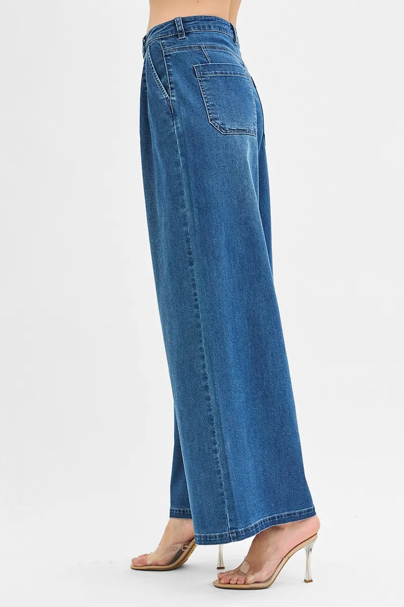 RISEN Mid Rise Fit Wide Leg Knit Denim Look Jeans - Tigbul's Variety Fashion Shop