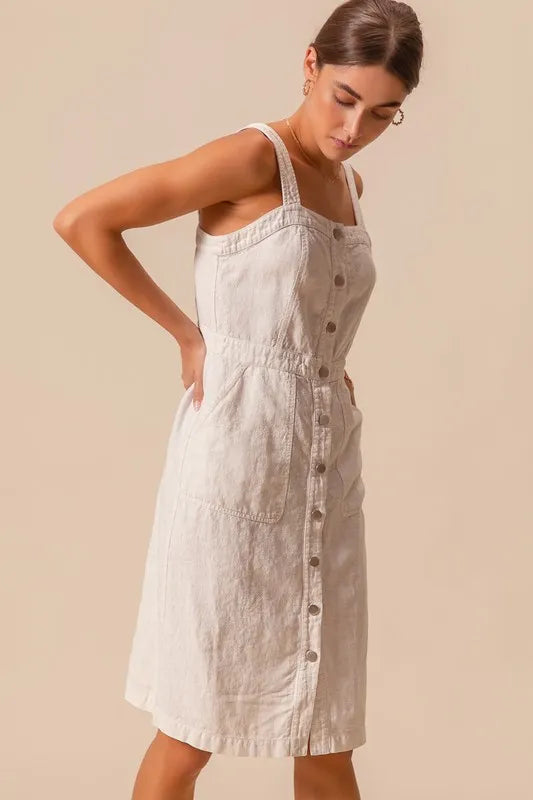 Button Down Pocket Front Off White Pinafore Dress - Tigbul's Variety Fashion Shop