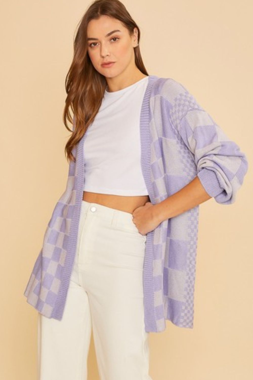Lavender Checkered Open Front Drop Shoulder Cardigan - Tigbul's Variety Fashion Shop