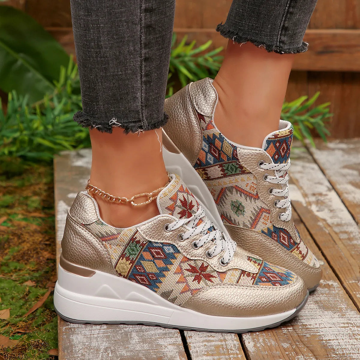 Geometric Lace Up Wedge Sneakers - Tigbul's Variety Fashion Shop