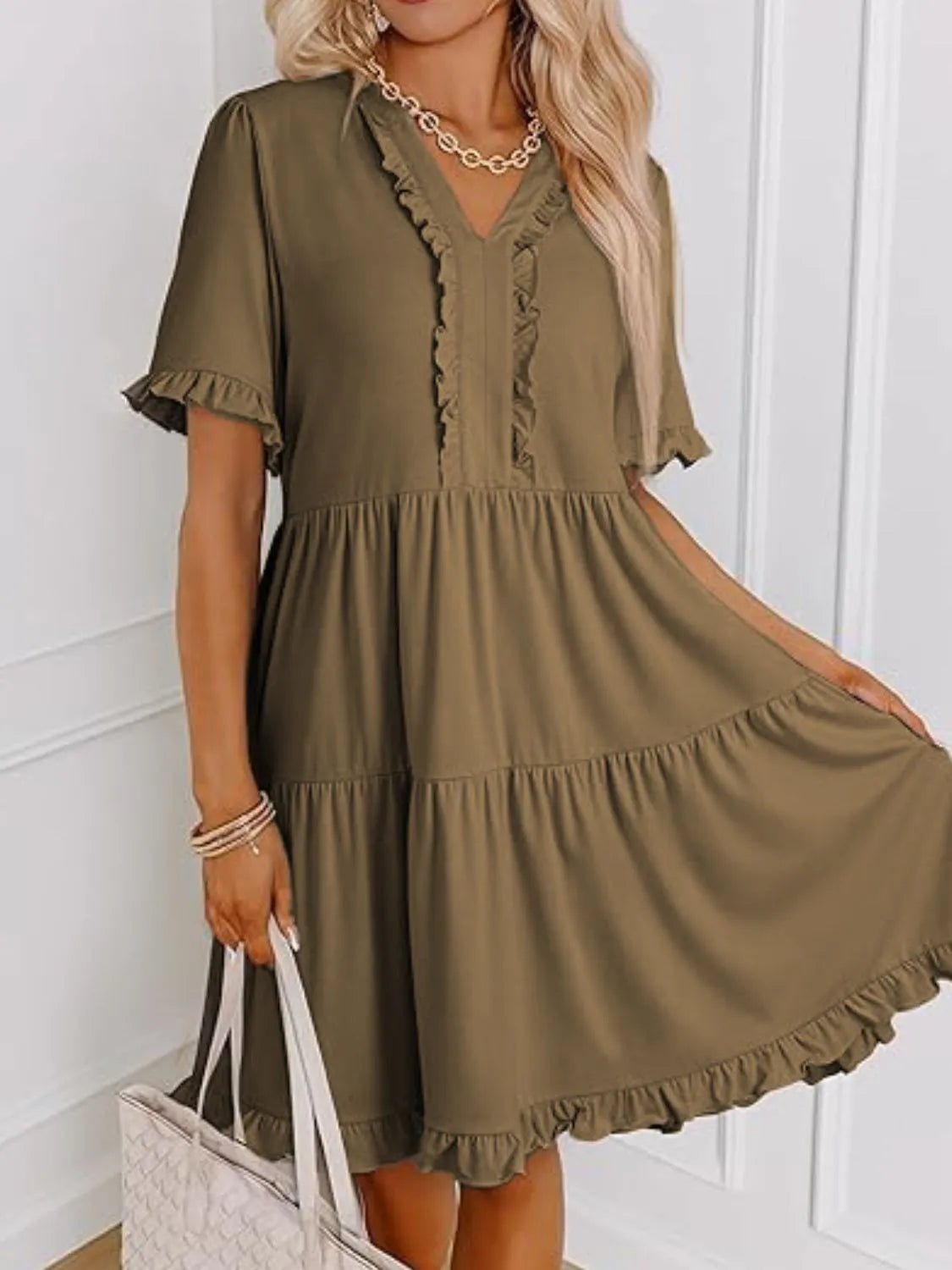 Tiered Notched Short Sleeve Mini Dress - Tigbul's Variety Fashion Shop
