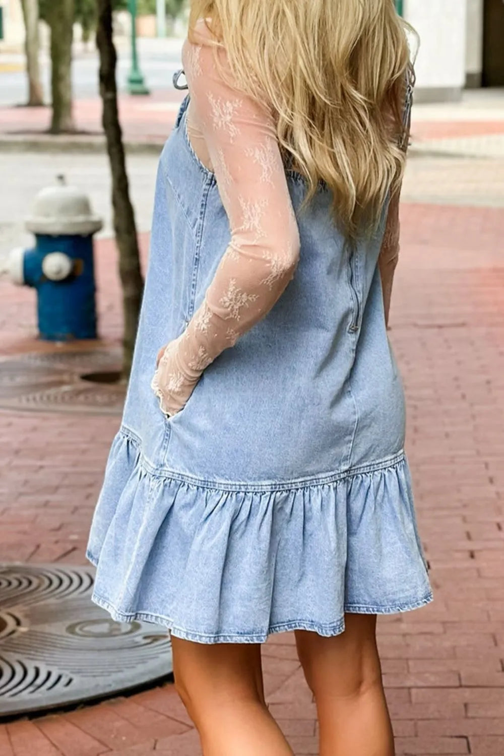 Bow Detail Spaghetti Straps Ruffle Hem Blue Denim Dress - Tigbul's Variety Fashion Shop