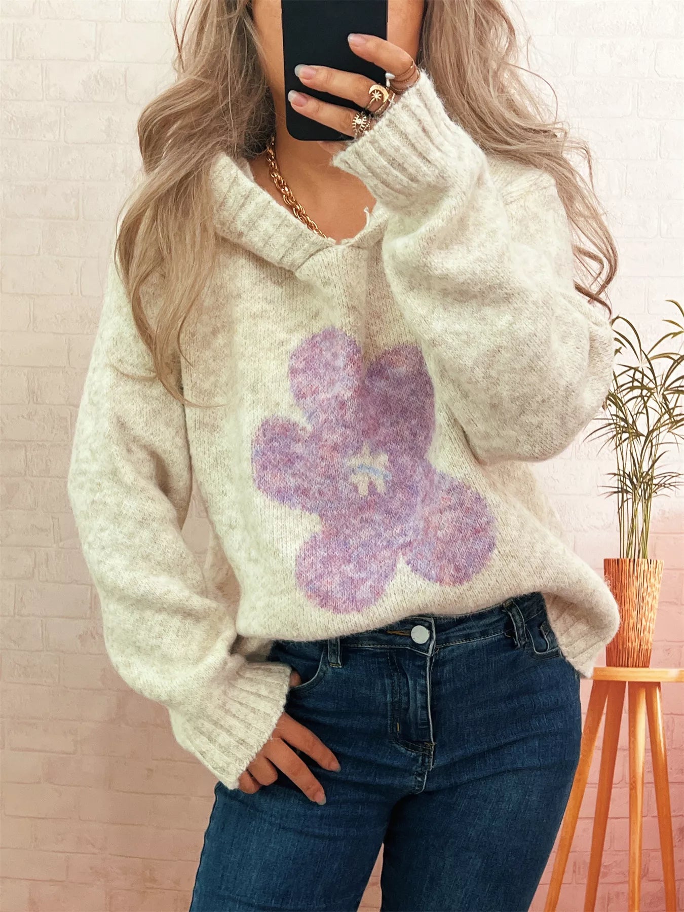 Flower Long Sleeve Hooded Sweater - Tigbul's Variety Fashion Shop