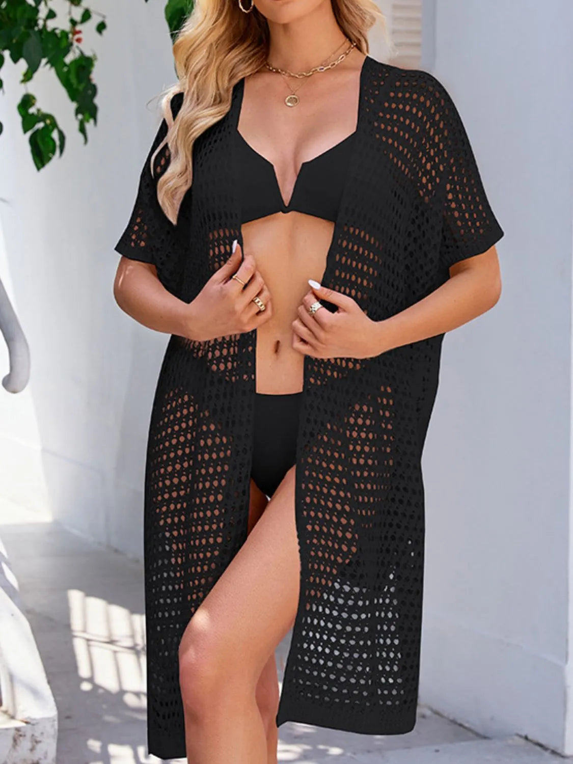Open Front Tied Openwork Cover-Up - Tigbul's Variety Fashion Shop