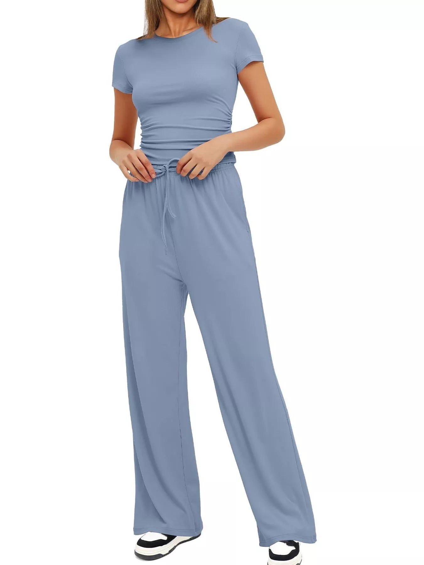 Round Neck Short Sleeve T-Shirt and Pants Set - Tigbul's Variety Fashion Shop