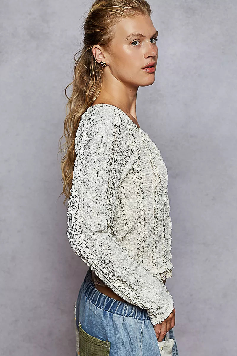 POL Texture Long Sleeve Blouse with Floral Ruffled - Tigbul's Variety Fashion Shop