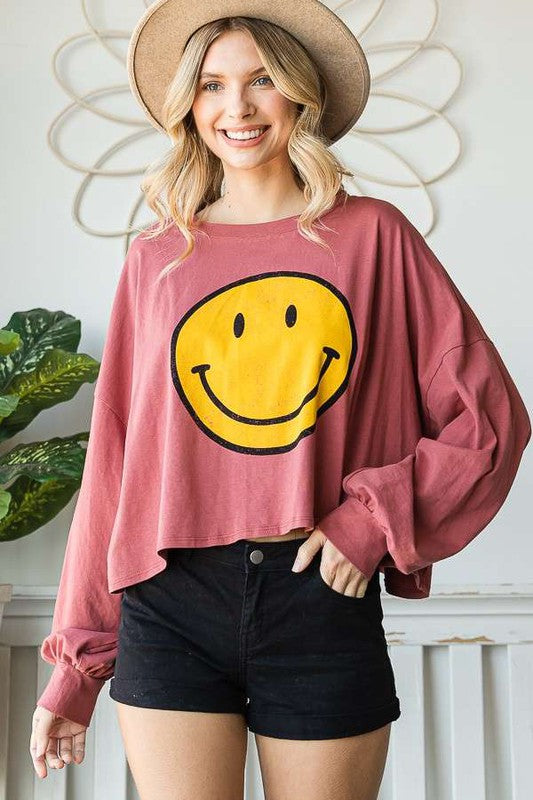 SMILEY FACE LONG SLEEVE CROP TOP - Tigbul's Variety Fashion Shop