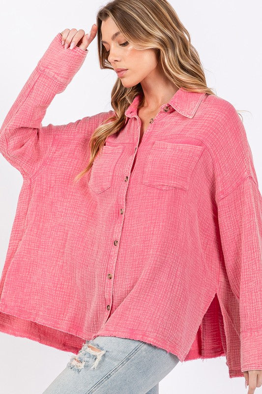 Pink Frayed Hem Side Slit Button Down Shirt - Tigbul's Variety Fashion Shop
