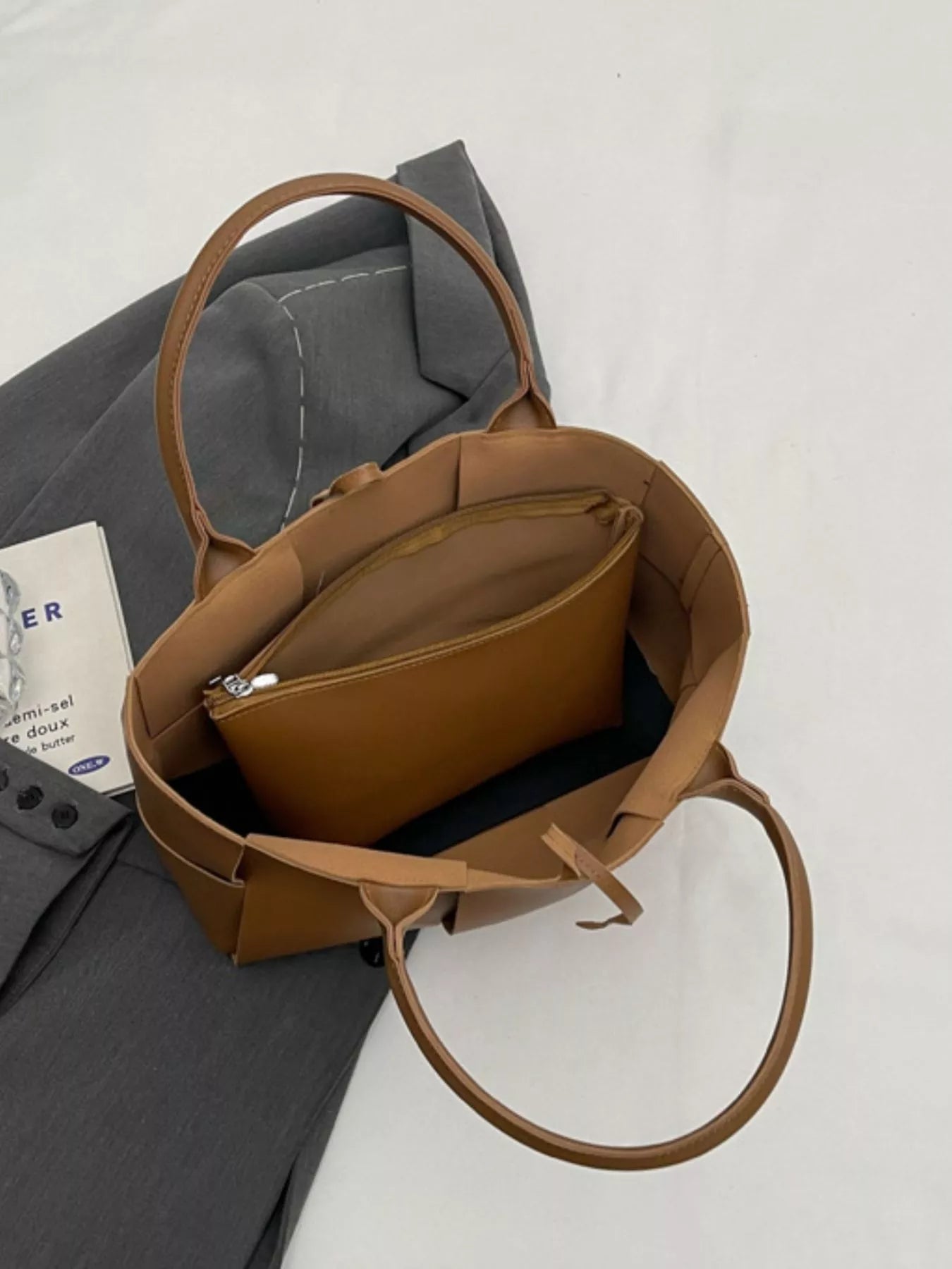 Woven Faux Leather Tote Bag - Tigbul's Variety Fashion Shop