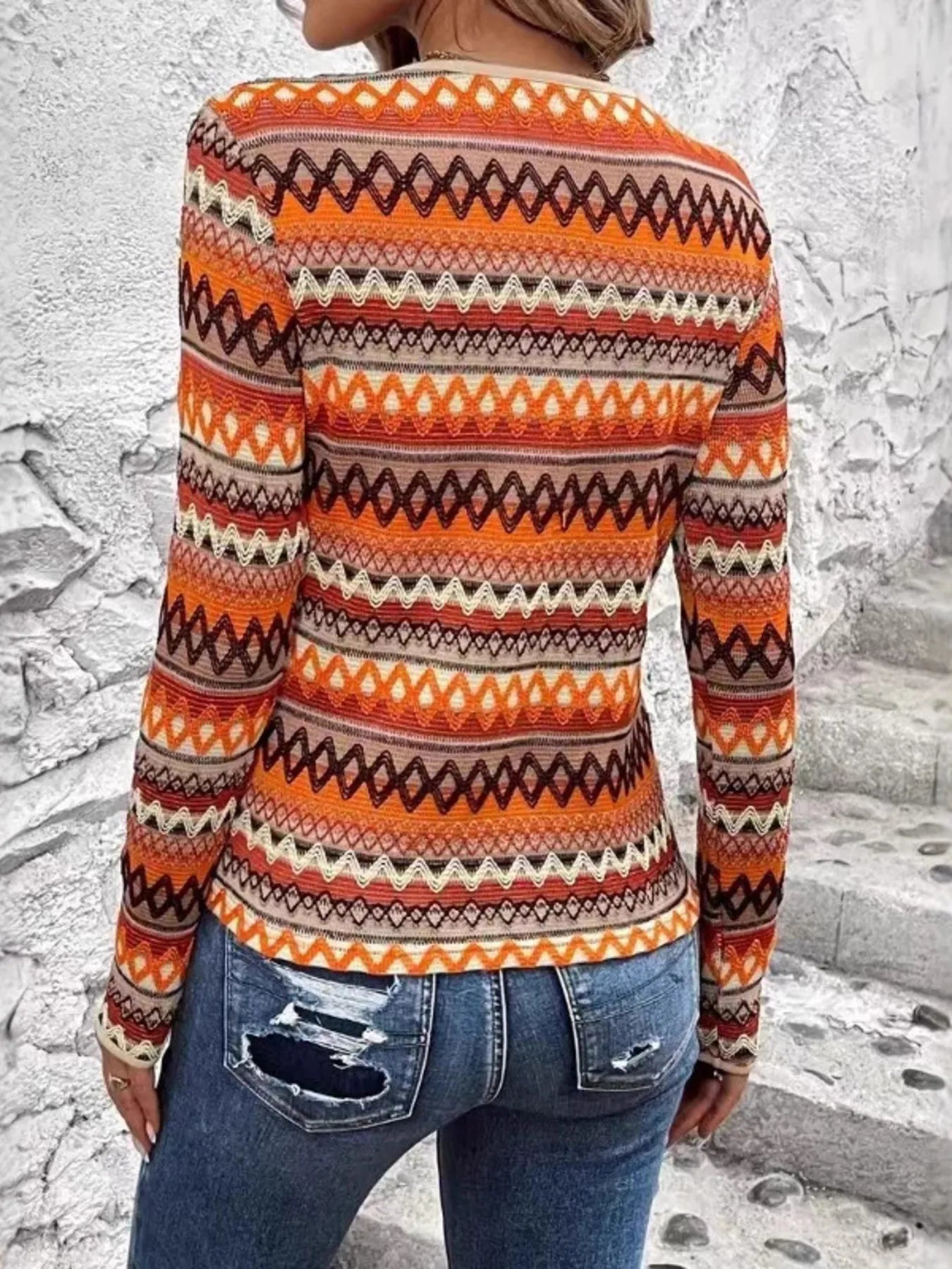 Bohemian Geometric Pattern Long Sleeve T-Shirt - Tigbul's Variety Fashion Shop