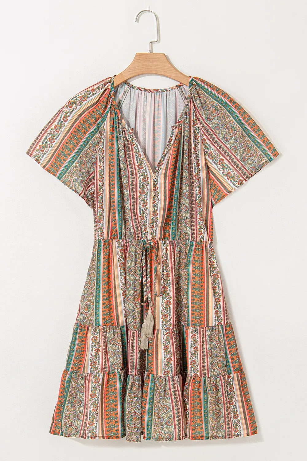 Bohemian Floral Print Buttoned V Neck Ruffle Tiered Dress - Tigbul's Variety Fashion Shop