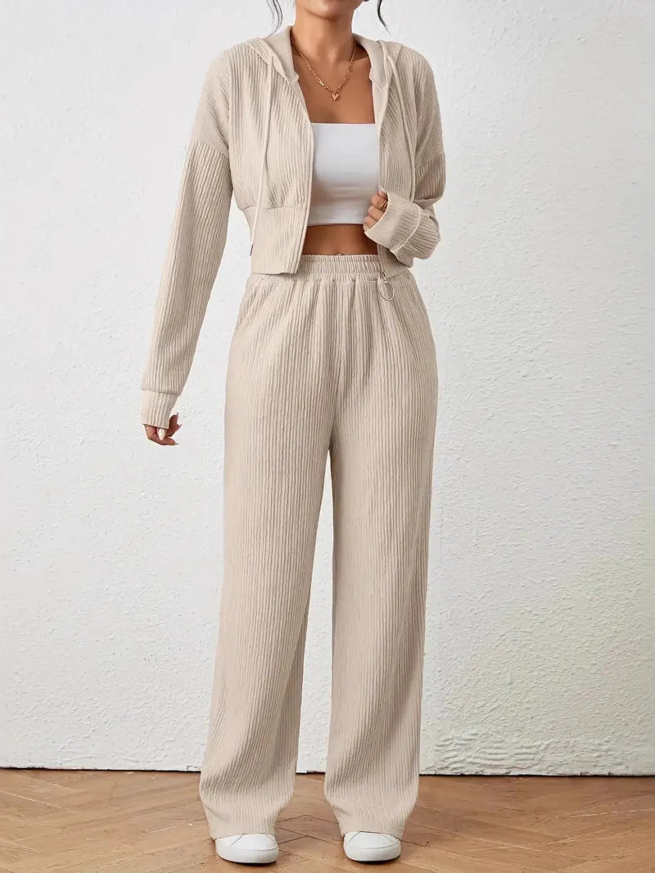Drawstring Zip Up Hooded Top and Pants Set - Tigbul's Variety Fashion Shop