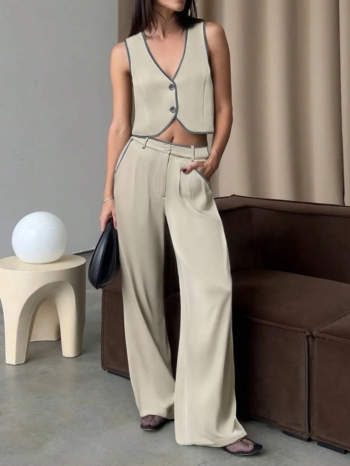 Beige V-Neck Vest and Pants Set - Tigbul's Variety Fashion Shop
