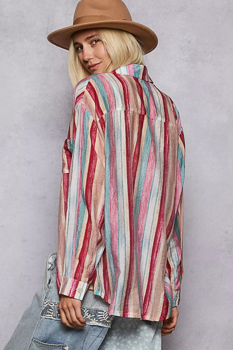 POL Striped Button-Down Oversized Shirt - Tigbul's Variety Fashion Shop