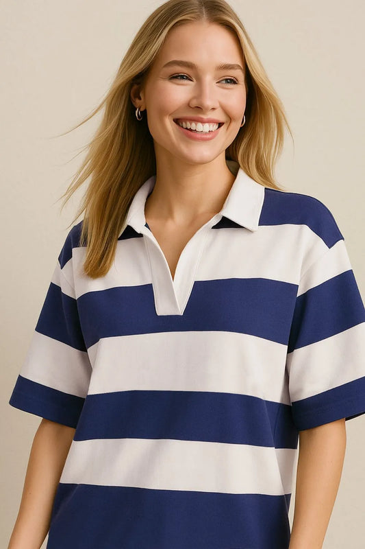 Oh Pima Cotton Wash Color Block Johnny Collar Half Sleeve Top - Tigbul's Variety Fashion Shop