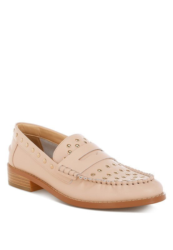 Oglavia Studs Embellished Leather Loafers - Tigbul's Variety Fashion Shop