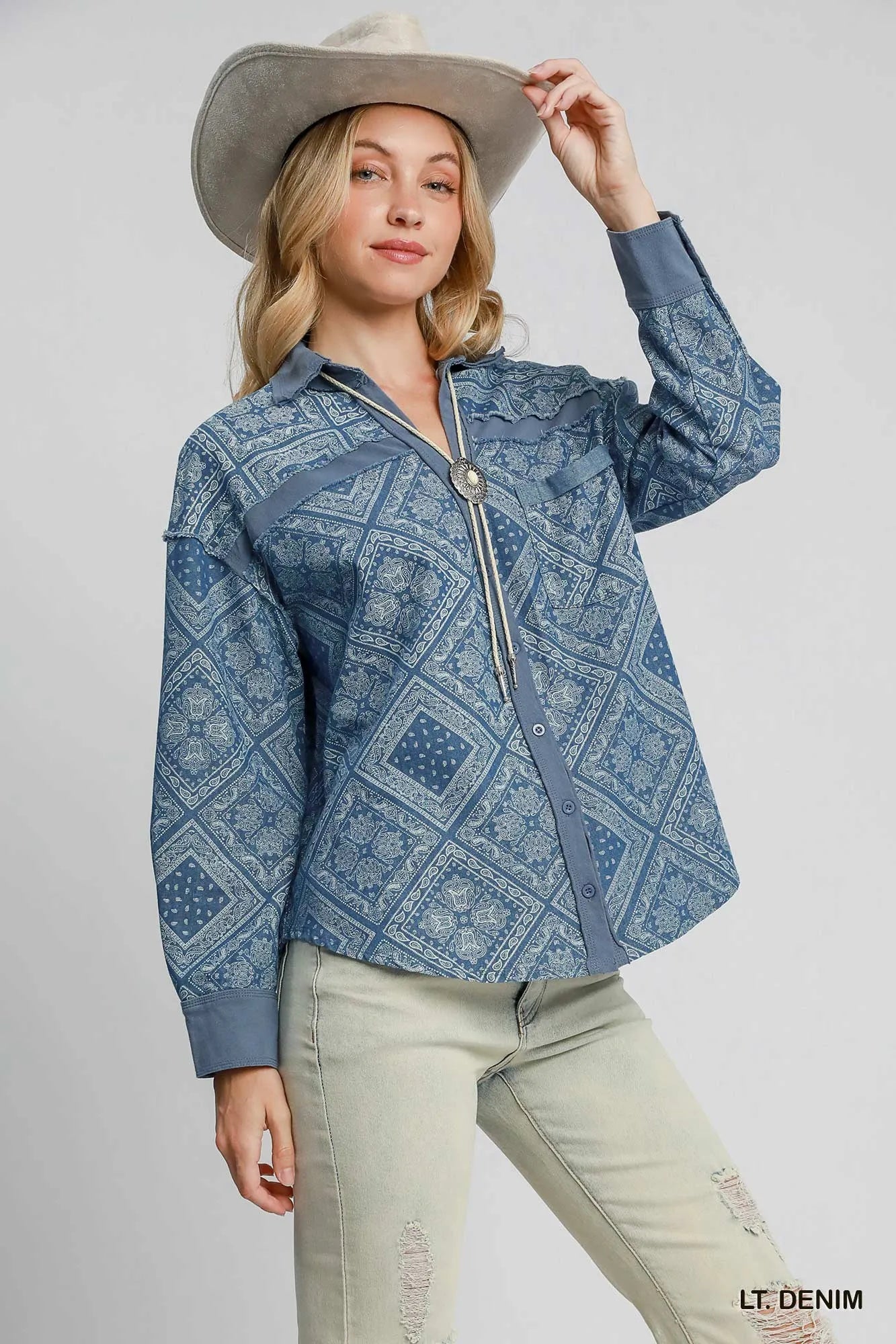 Umgee Paisley Print Denim Shirt Jacket - Tigbul's Variety Fashion Shop