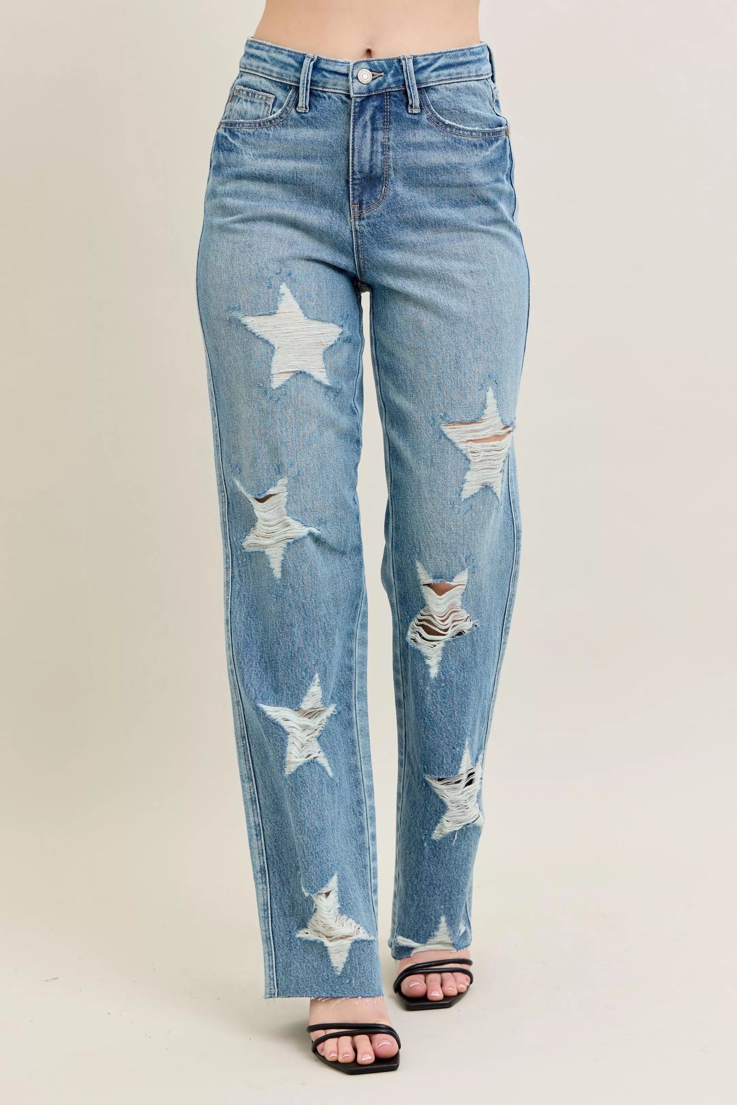 Judy Blue Full Size High Waist Rigid Magic Star Shaped Destroy 90's Straight Jeans Plus Size - Tigbul's Variety Fashion Shop