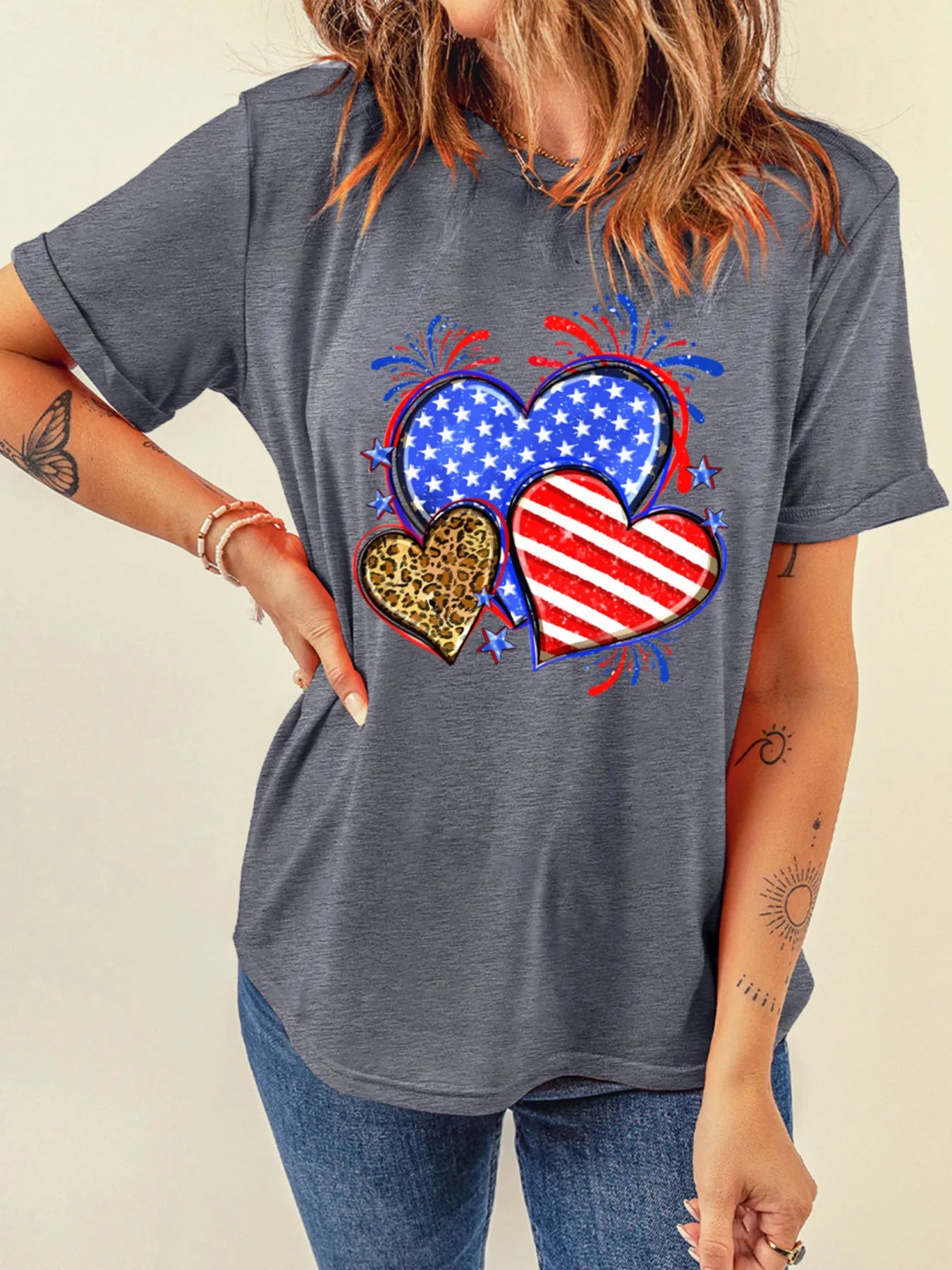 American Heart Graphic Round Neck T Shirt - Tigbul's Variety Fashion Shop