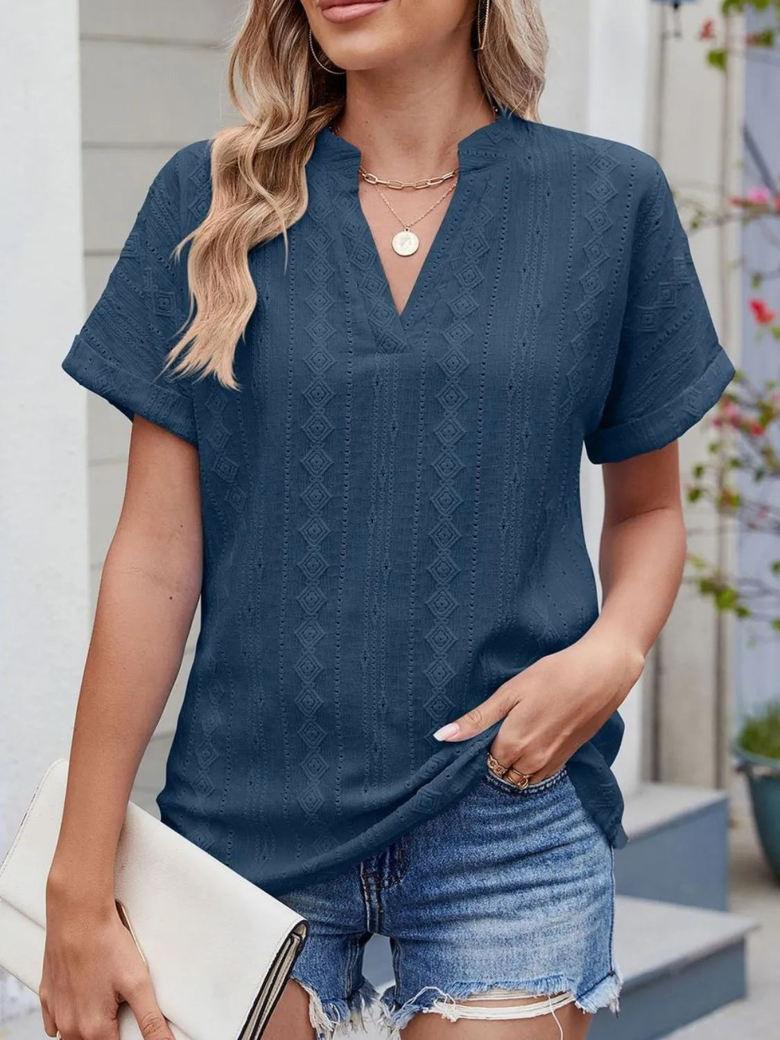Eyelet Notched Short Sleeve Top - Tigbul's Variety Fashion Shop