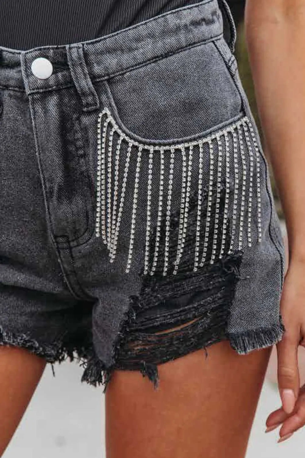 Rhinestone Fringe Distressed Denim Shorts - Tigbul's Variety Fashion Shop