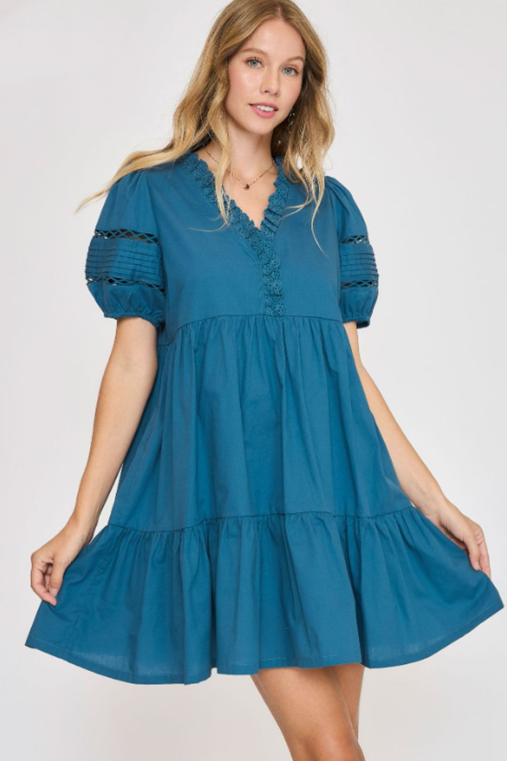 Blue Lace Detail Puff Sleeve Mini Dress | Tigbuls Variety Fashion