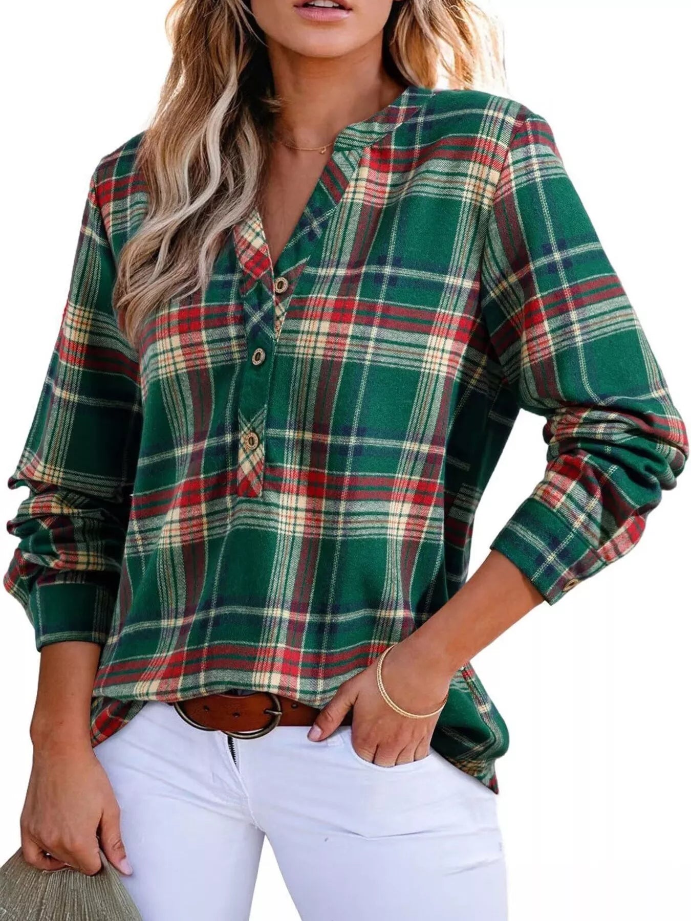 Plaid Half Button Long Sleeve Blouse - Tigbul's Variety Fashion Shop
