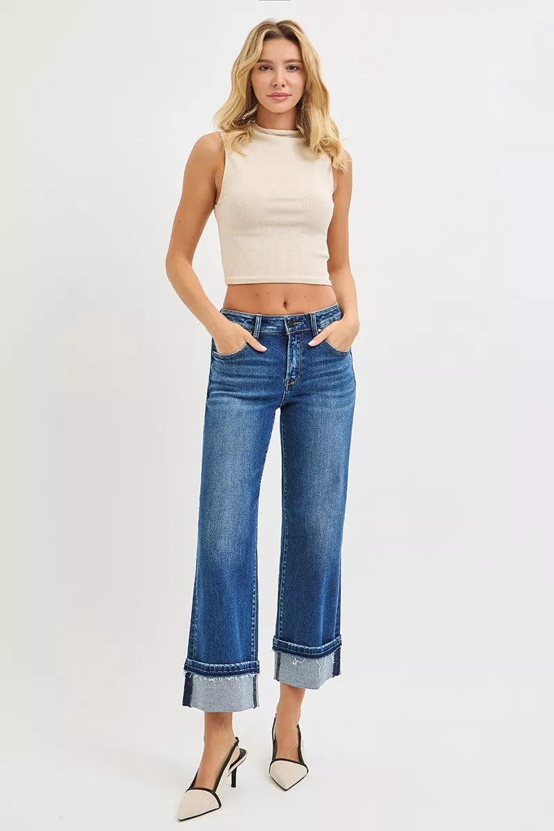 RISEN Mid Rise Ankle Straight Jeans with Cuffed Hem - Tigbul's Variety Fashion Shop