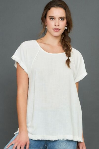 Off White Seam Detail Linen Ruffle Fringe Edge Top - Tigbul's Variety Fashion Shop