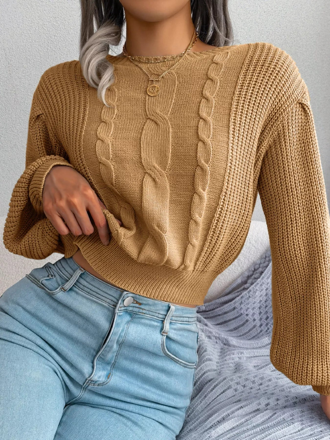 Cable Knit Round Neck Cropped Sweater - Tigbul's Variety Fashion Shop
