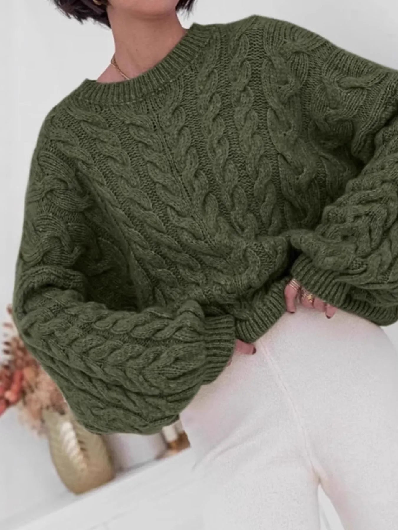 Cable Knit Long Sleeve Sweater - Tigbul's Variety Fashion Shop