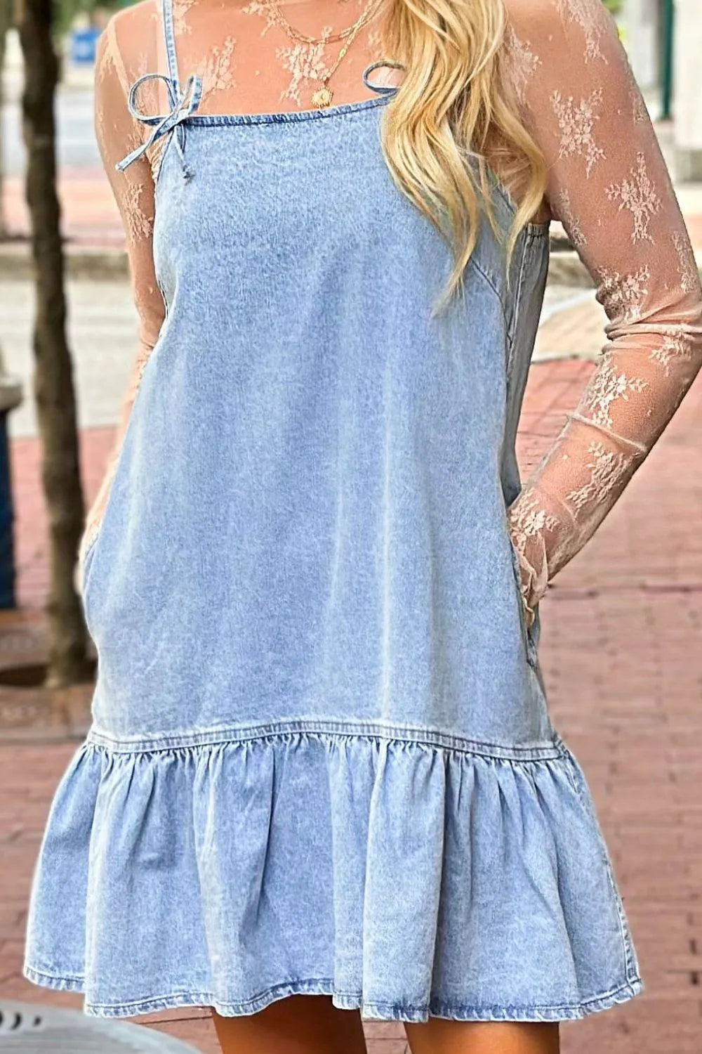 Bow Detail Spaghetti Straps Ruffle Hem Blue Denim Dress - Tigbul's Variety Fashion Shop