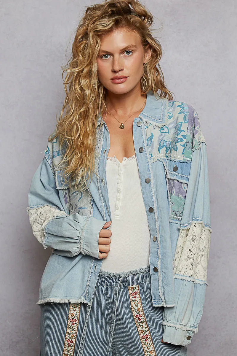 POL Printed Woven Mix Raw Hem Jacket with Lace Detail - Tigbul's Variety Fashion Shop