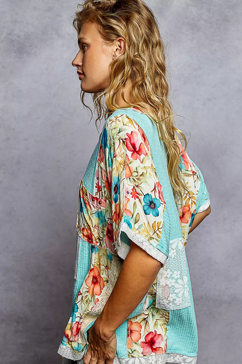 POL Lace Round Neck Short Sleeve Floral Pattern Top with Patch Detail - Tigbul's Variety Fashion Shop