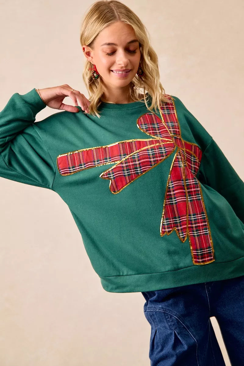 Plaid Ribbon Bow Detail Christmas Fleece Pullover Sweater - Tigbul's Variety Fashion Shop