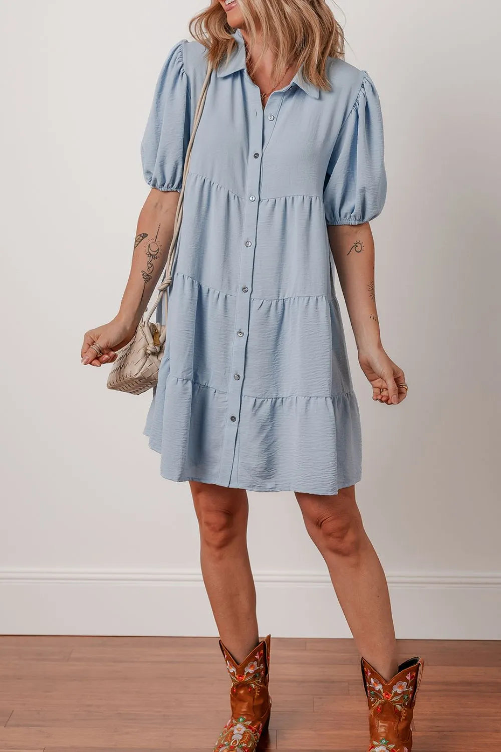 Button Up Puff Sleeve Tiered Shirt Dress - Tigbul's Variety Fashion Shop