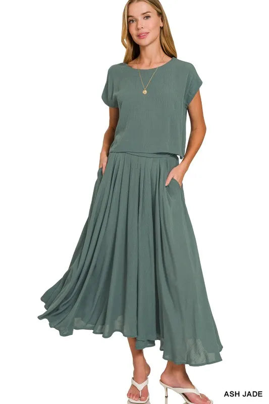 Jade Woven Crinkle Gauze Crop Tee and Skirt Set - Tigbul's Variety Fashion Shop