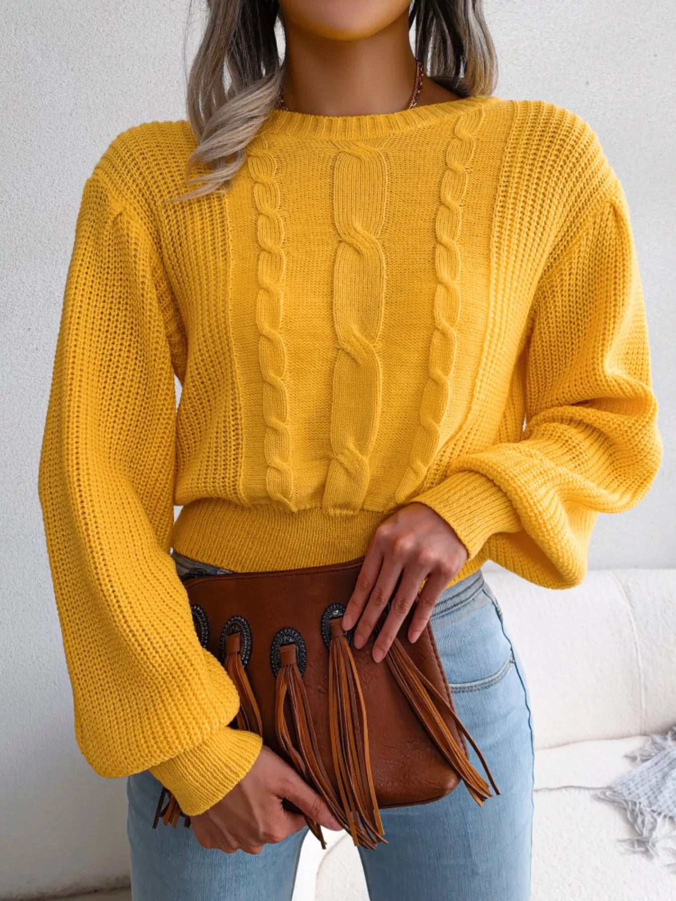 Cable Knit Round Neck Cropped Sweater - Tigbul's Variety Fashion Shop